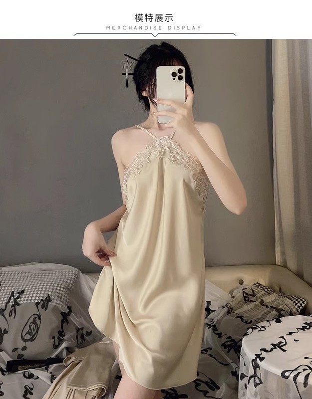 アイスシルクセクシーなサスペンダーパジャマ女性の夏の薄いシルク長袖パジャマセット純粋な欲望フレンチレースネグリジェ|undefined