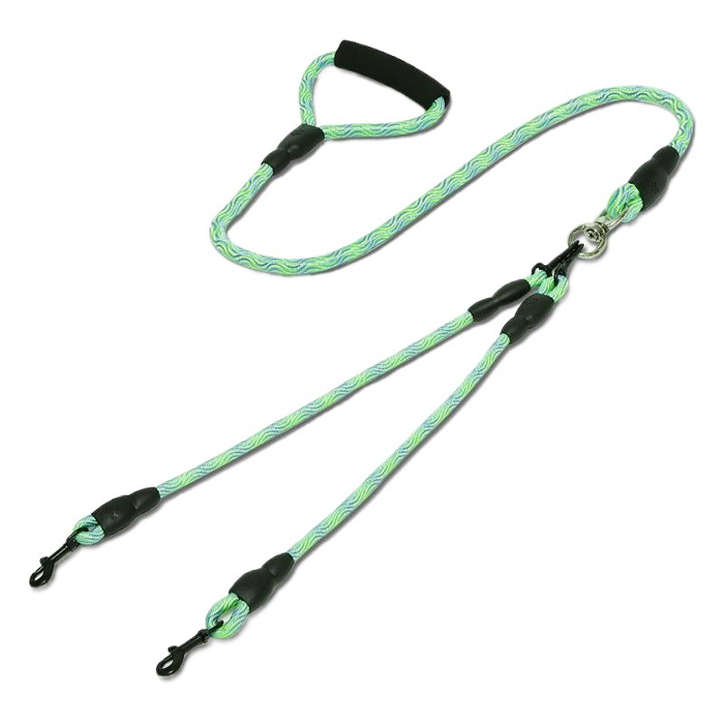 Patrón de onda al por mayor de fábrica un arrastre dos cuerda de tracción desmontable solo tirón Correa mascota doble cabeza perro caminando cuerda anti-bobinado