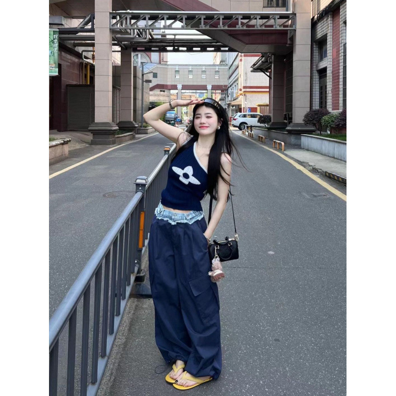 设计感斜肩背心上衣女夏季2025新款百搭高腰显瘦阔腿裤子时尚套装|undefined