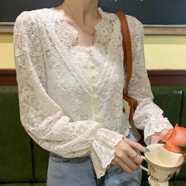 法式独特别致蕾丝衬衫女秋季设计感小众钩花镂空v领上衣
