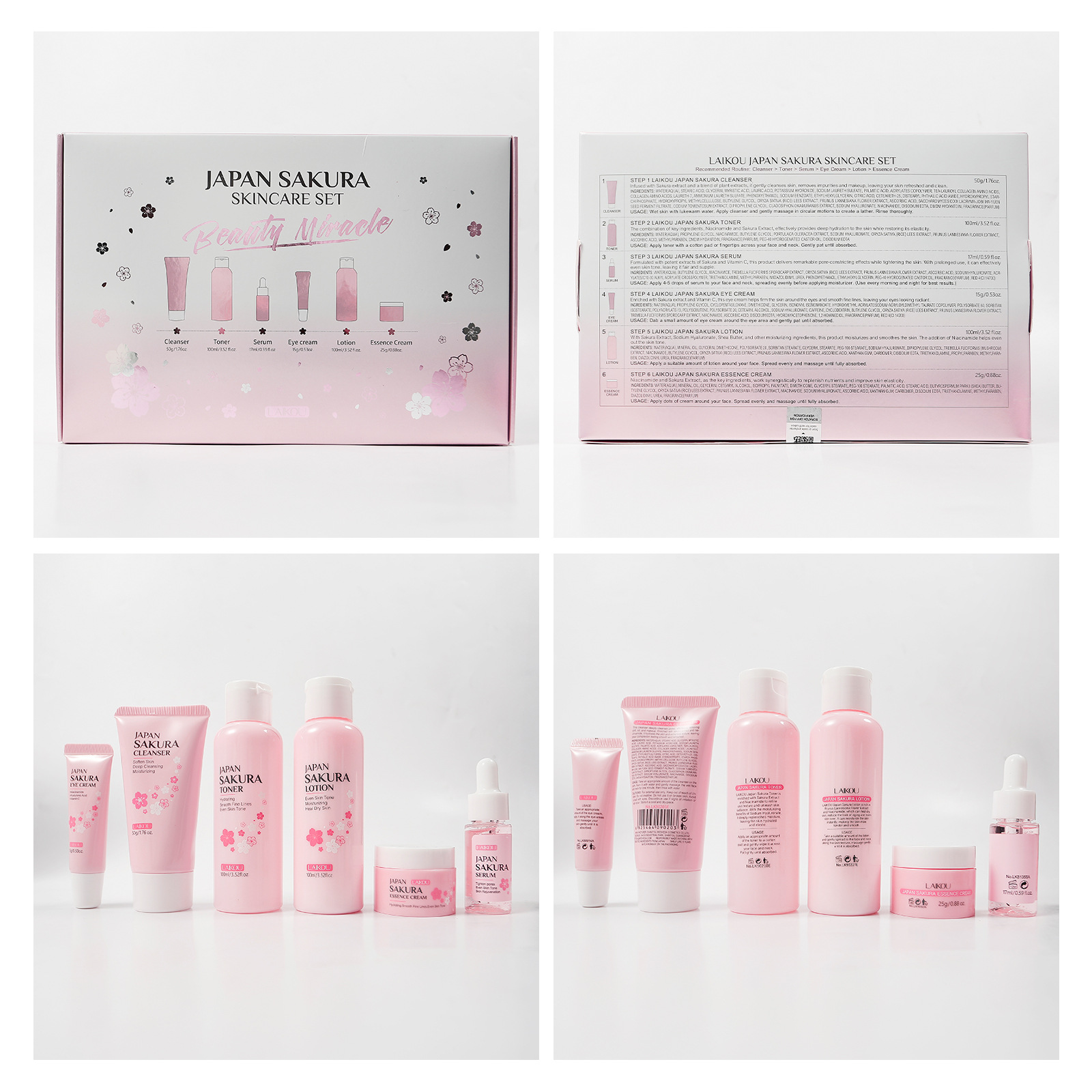 Cross-border LAIKOU Cherry Blossom Skincare Set of 6 pieces: Facial Cleanser, Lotion, Essence, Eye Cream, Essence, Cream and skincare products Specification drawing