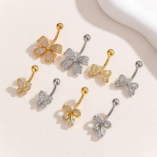 Cross-Border New Stainless Steel Navel Button Inlaid with Zircon Butterfly Navel Nail Navel Ring European and American Export Abdominal Piercing Jewelry