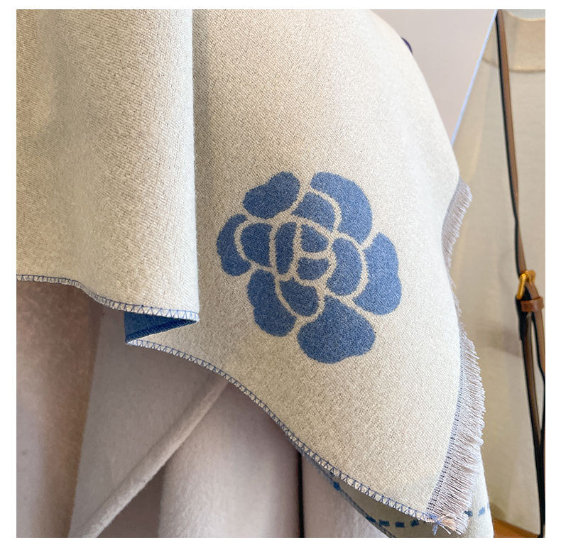 Kaschmirschal Für Damen, Dicker Winterschal Mit Karomuster Und Blume_voghion.com