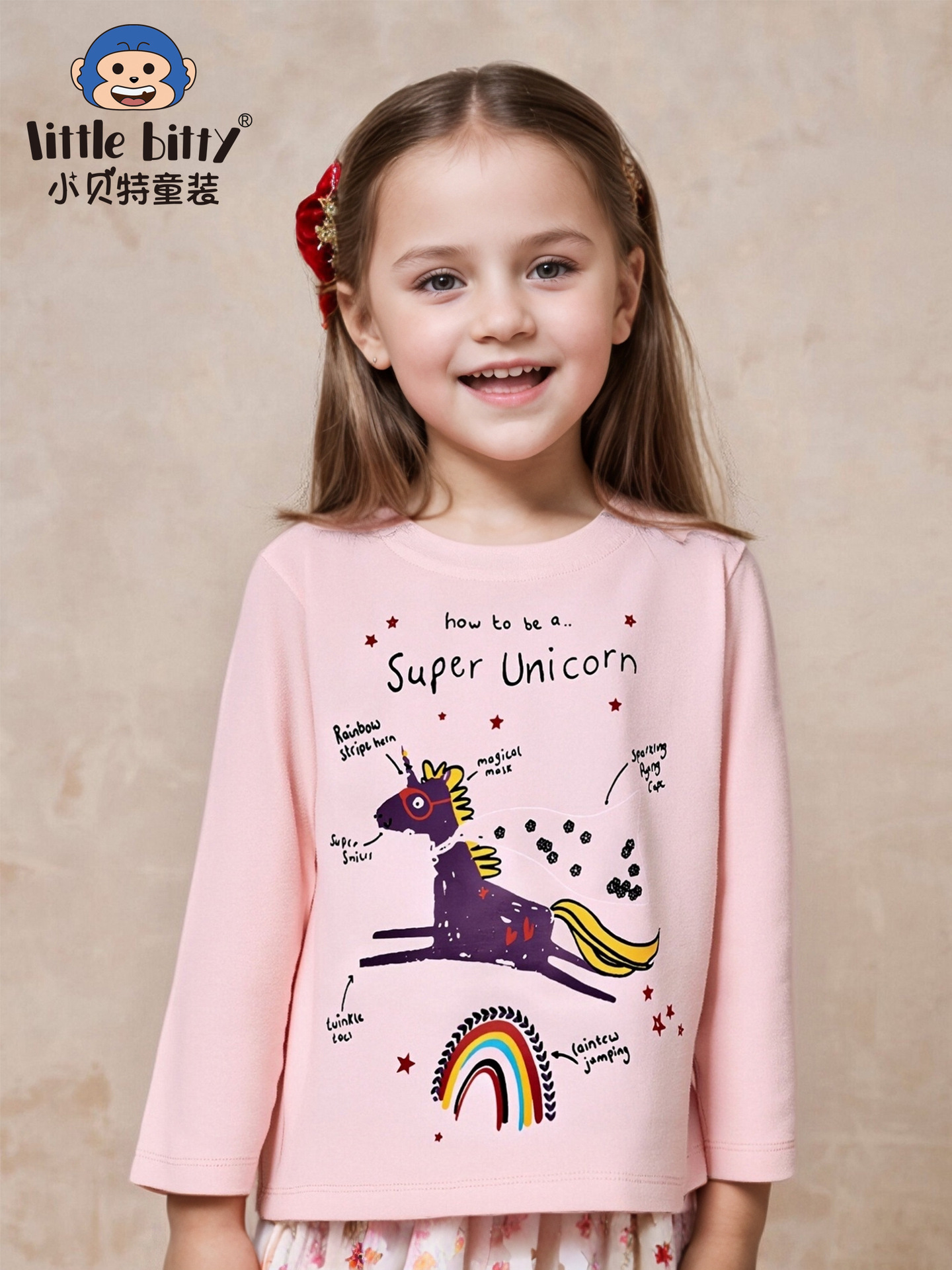 European and American Fashion 2025 Kidsren's Cartoon Unicorn Long-Sleeved Round Neck Top Girls Printed T-Shirt Factory Direct Delivery