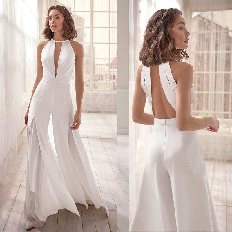 2025 European and American Foreign Trade New Women's Clothing Ebay Amazon Sexy Deep V Halter Jumpsuit Casual Pants