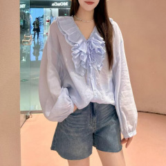 25春夏の新型長袖シャツロマンチックなハスの葉の縁vネックの薄い上着の女性のゆったりとした防シャツ3j 2c 4021r