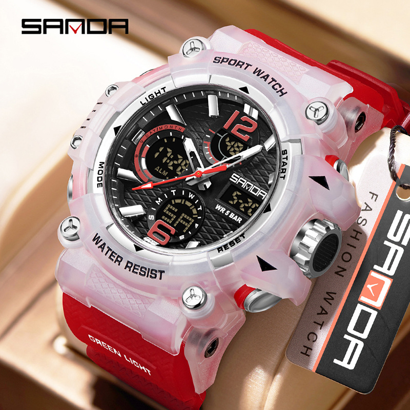 SANDA nuevo reloj de pulsera juvenil transparente al aire libre cool doble reloj de pantalla hombre impermeable luz nocturna reloj electrónico