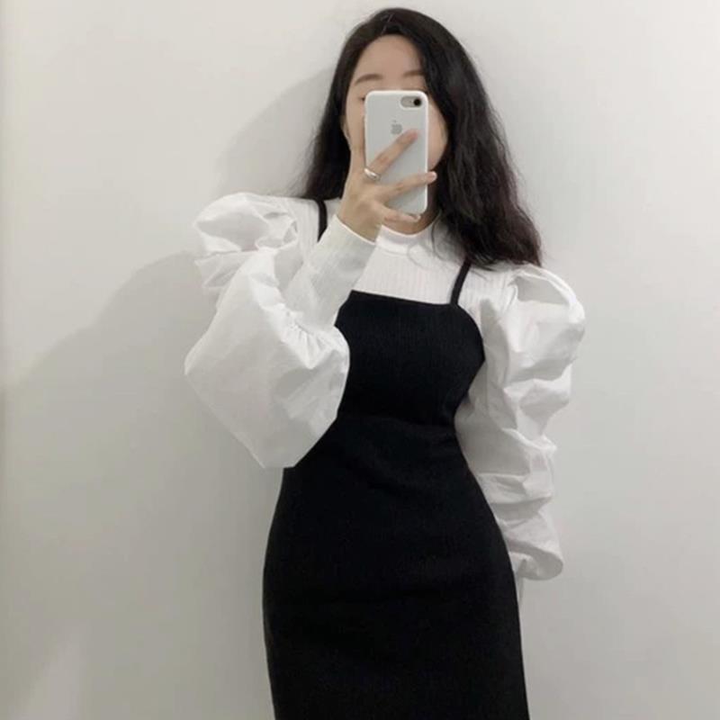 韩国ins早秋宫廷风圆领螺纹拼接设计感收口泡泡袖修身衬衫上衣女|undefined
