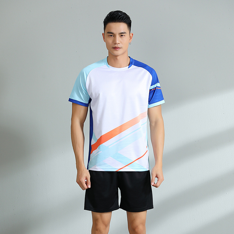 Nuevo conjunto de bádminton hombre y mujer ropa deportiva transpirable manga corta uniforme de entrenamiento de estudiantes impresión número de comercio exterior
