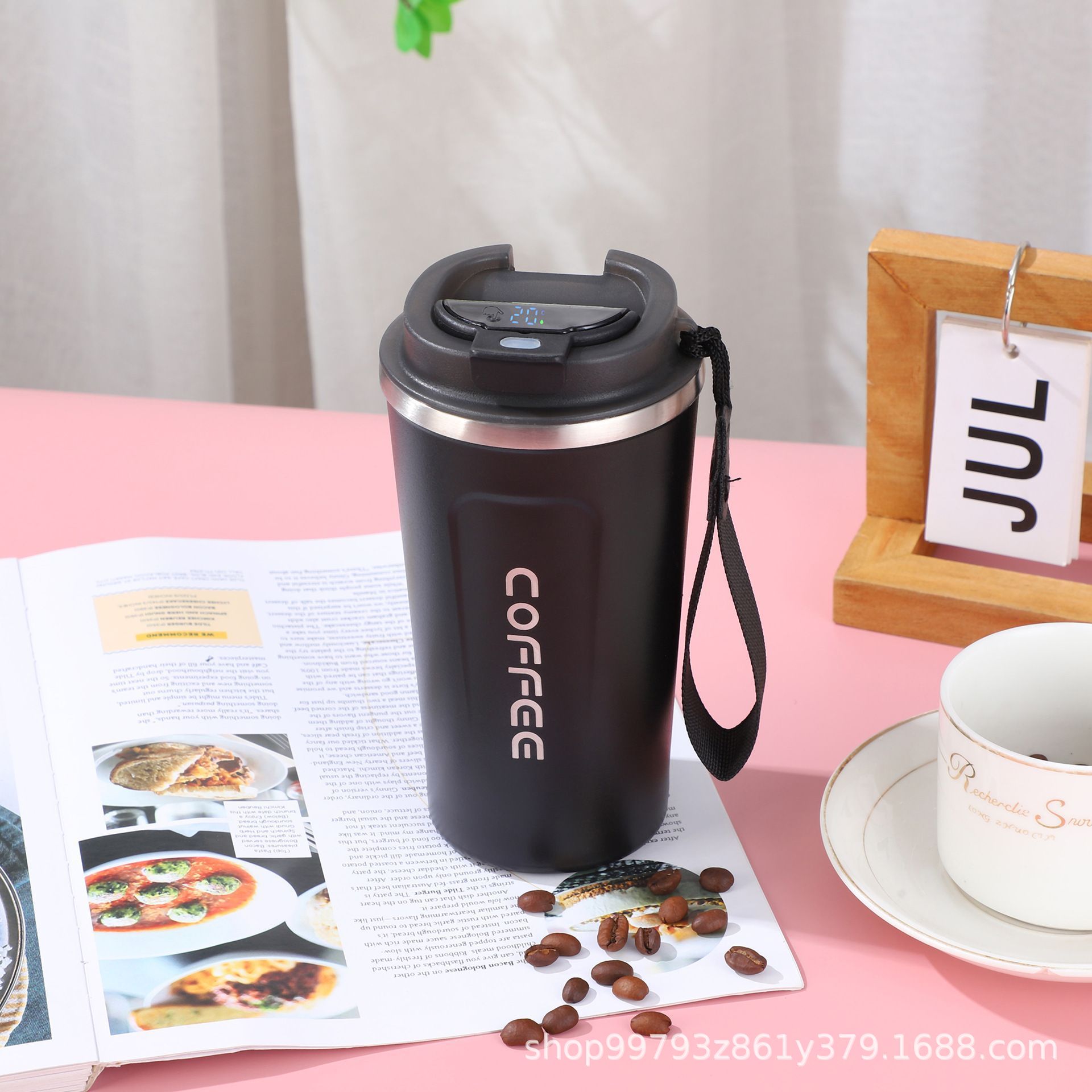 Taza de café inteligente de temperatura 304 taza de acero inoxidable portátil de cuerda de transporte de automóviles de oficina para hombres y mujeres con logotipo de impresión