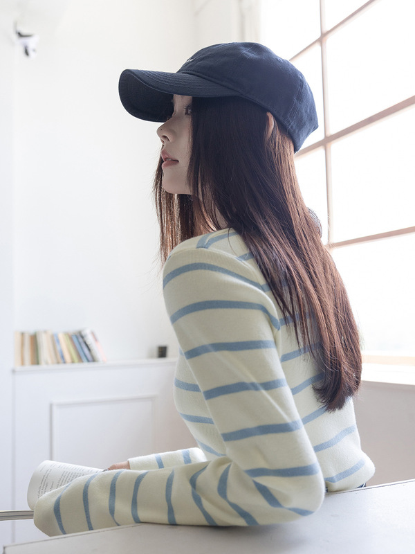 HUIXI绘系「秋日慵懒风」条纹针织衫女秋季内搭打底修身长袖上衣|undefined