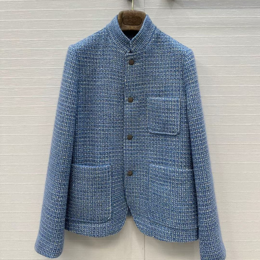 2025 New Autumn and Winter Age-Reducing Cool and Handsome Low-Key Luxury Classic Stand-Up Collar Single-Breasted Woven Tweed Jacket