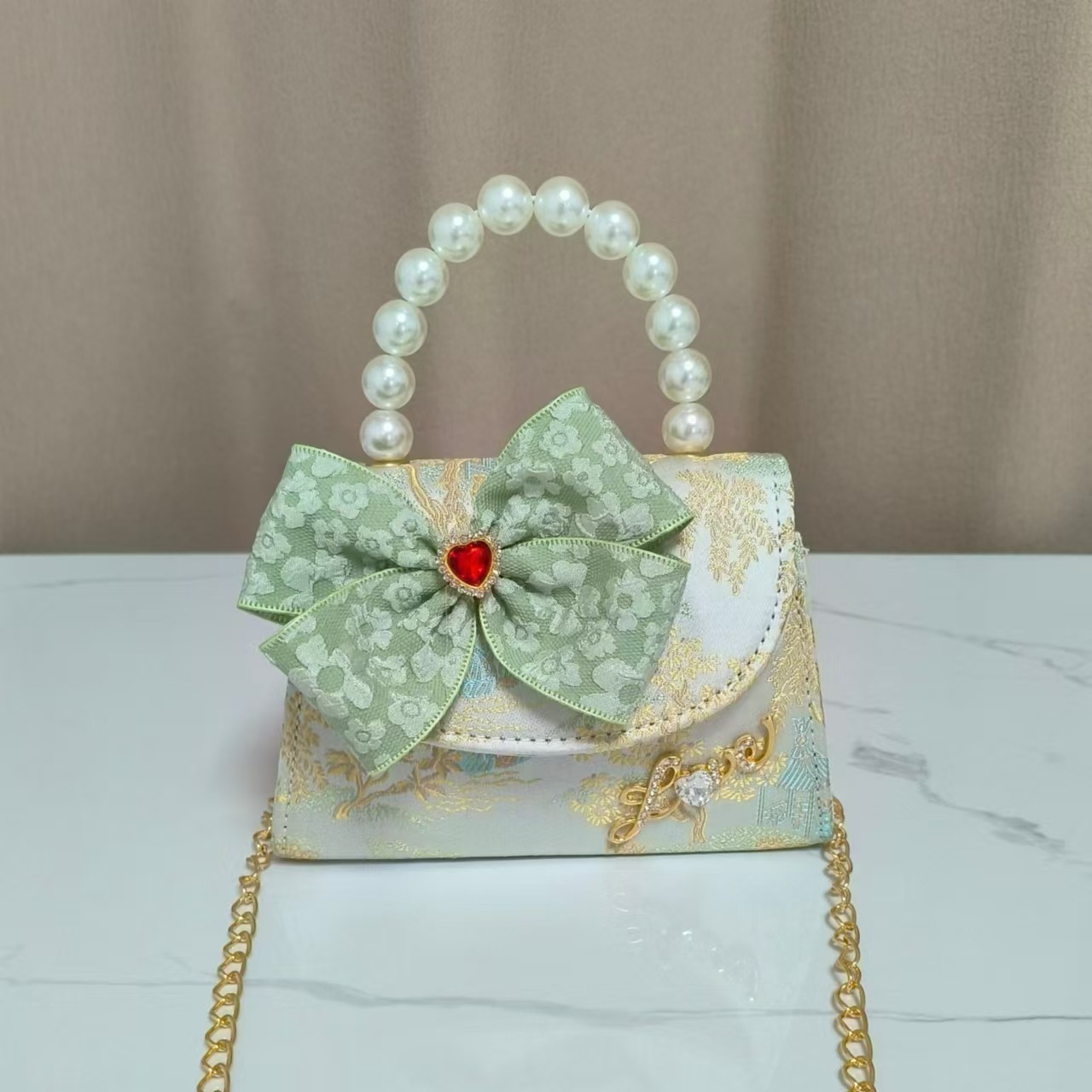 Guofeng bolso para niños, nuevo bolso de hombro de niñas, lindos bolsos de perlas de princesa, bolsos de arco, bolsos de mochila, bolsos pequeños