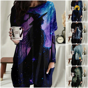 2024 European and American New Round Neck Long Sleeve Sweat Halloween Witch Ghost Print Pocket Top