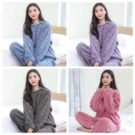 珊瑚绒睡衣女冬季加绒加厚提花长袖家居服两件套秋冬宽松暖暖套装