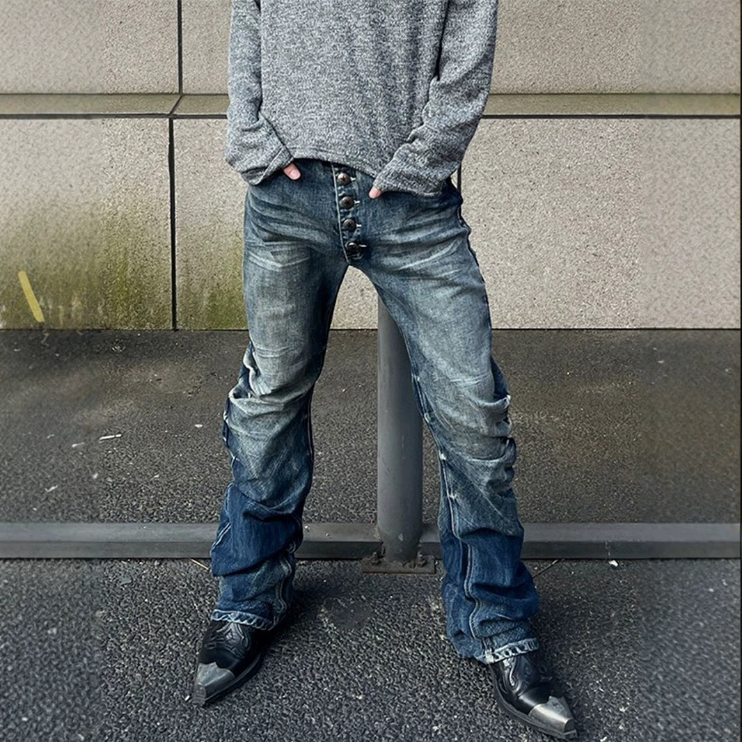 American high-street retro Vibe button-down pleated scimitar jeans men's straight leg slim fit casual slouch pants trendy brand