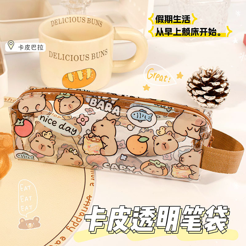 Bolsa de lápiz transparente Capibara estudiante de alto valor de almacenamiento bolsas de lápiz lindas bolsas de papelería de PVC de gran capacidad
