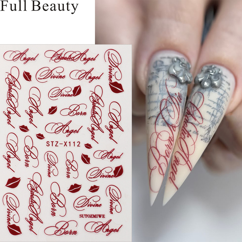 New cross-border nail art stickers in wine red with English lips and artistic handwritten English letters New cross-border nail art stickers in wine red with English lips and artistic handwritten English letters