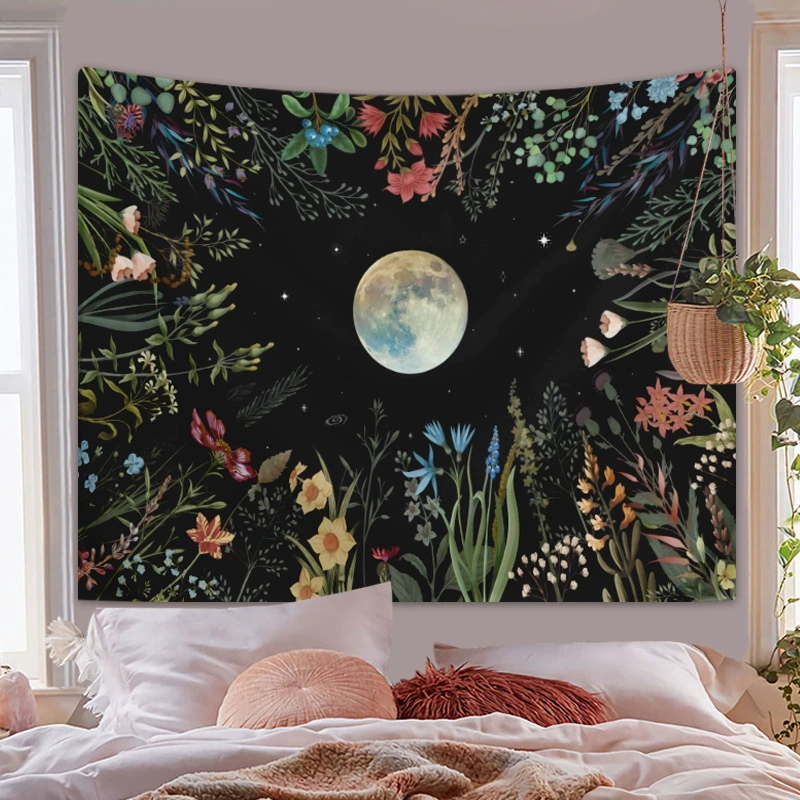 Черный гобелен с цветочным узором, скандинавский стиль