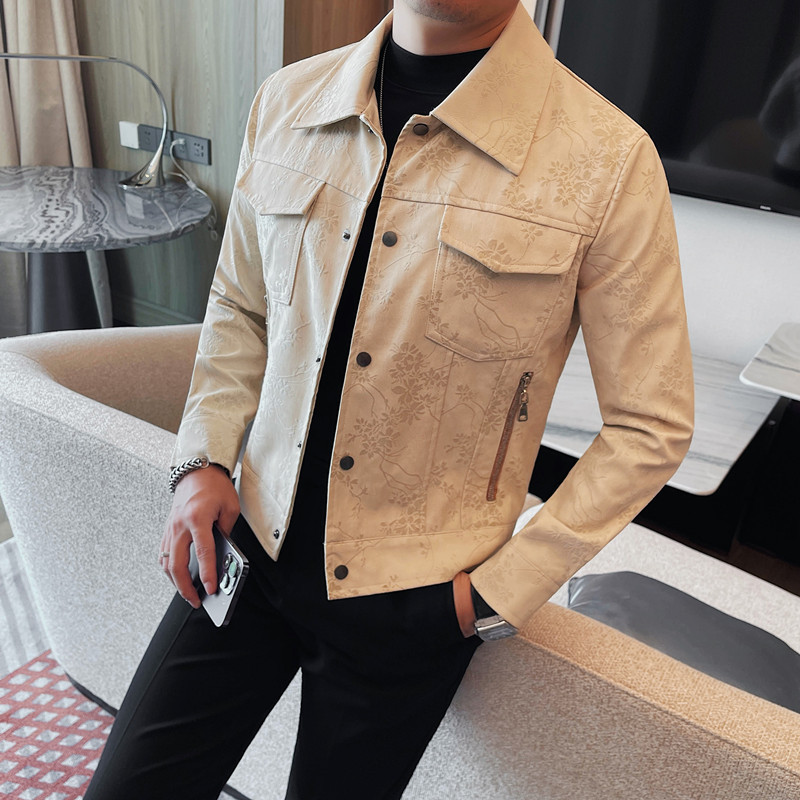 Cross-border Foreign Trade Wholesale Men's Jacket Trendy Brand Motorcycle Lapel Jacket Simple Short Pocket Popular Flower Leather Jacket