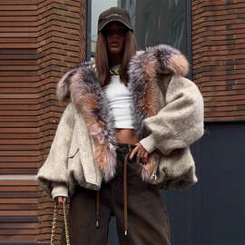 跨境速卖通2025秋冬新品个性潮流百搭彩色大毛领短款呢子外套