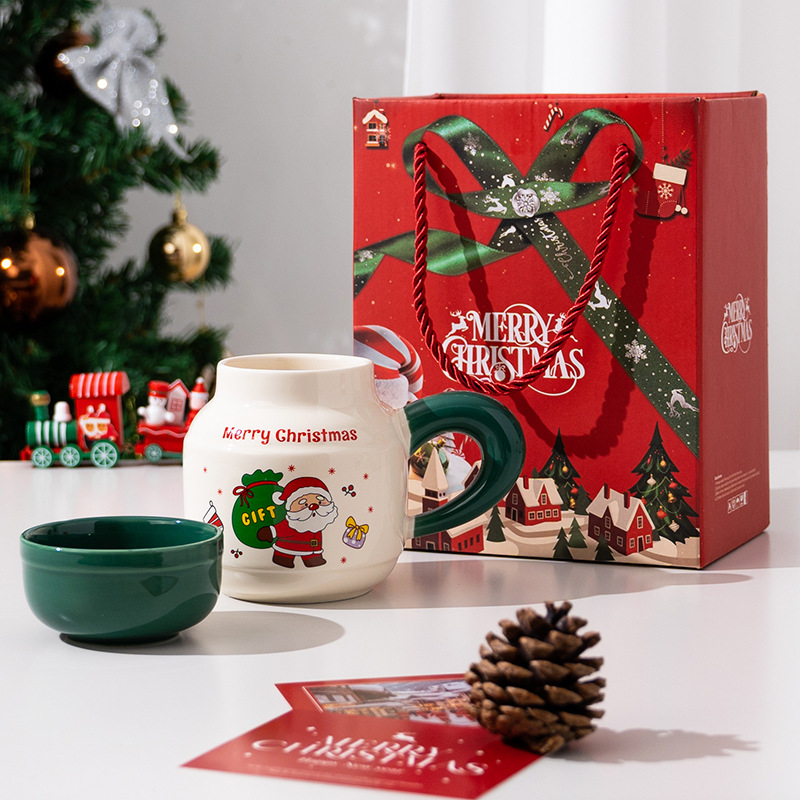 Taza navideña creativa, taza de cerámica con tapa y cuchara, taza para beber, taza de alta gama, taza de gran capacidad con diseño de árbol de Navidad