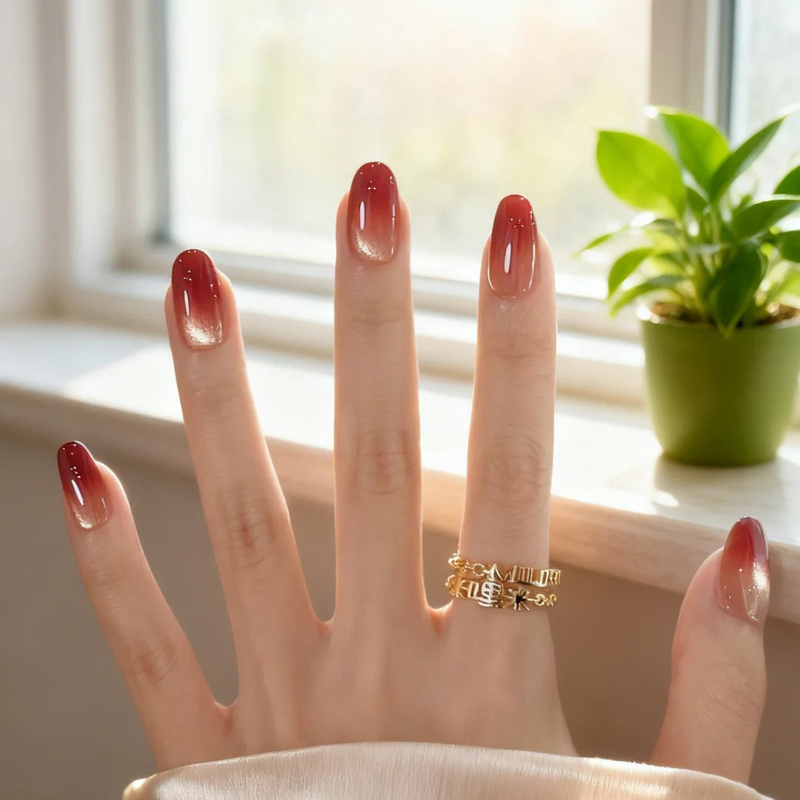 【Wine-Stained Black Tea】Gradient Red Cat Eye Nail Art Gentle Wearable Nail Art Stickers Fake Nails 【Wine-Stained Black Tea】Gradient Red Cat Eye Nail Art Gentle Wearable Nail Art Stickers Fake Nails