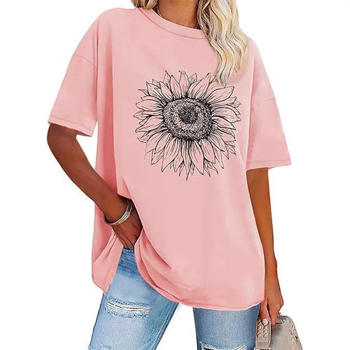 Women's Summer Short-Sleeve Loose T-shirt with Sunflower 3D Print Pattern