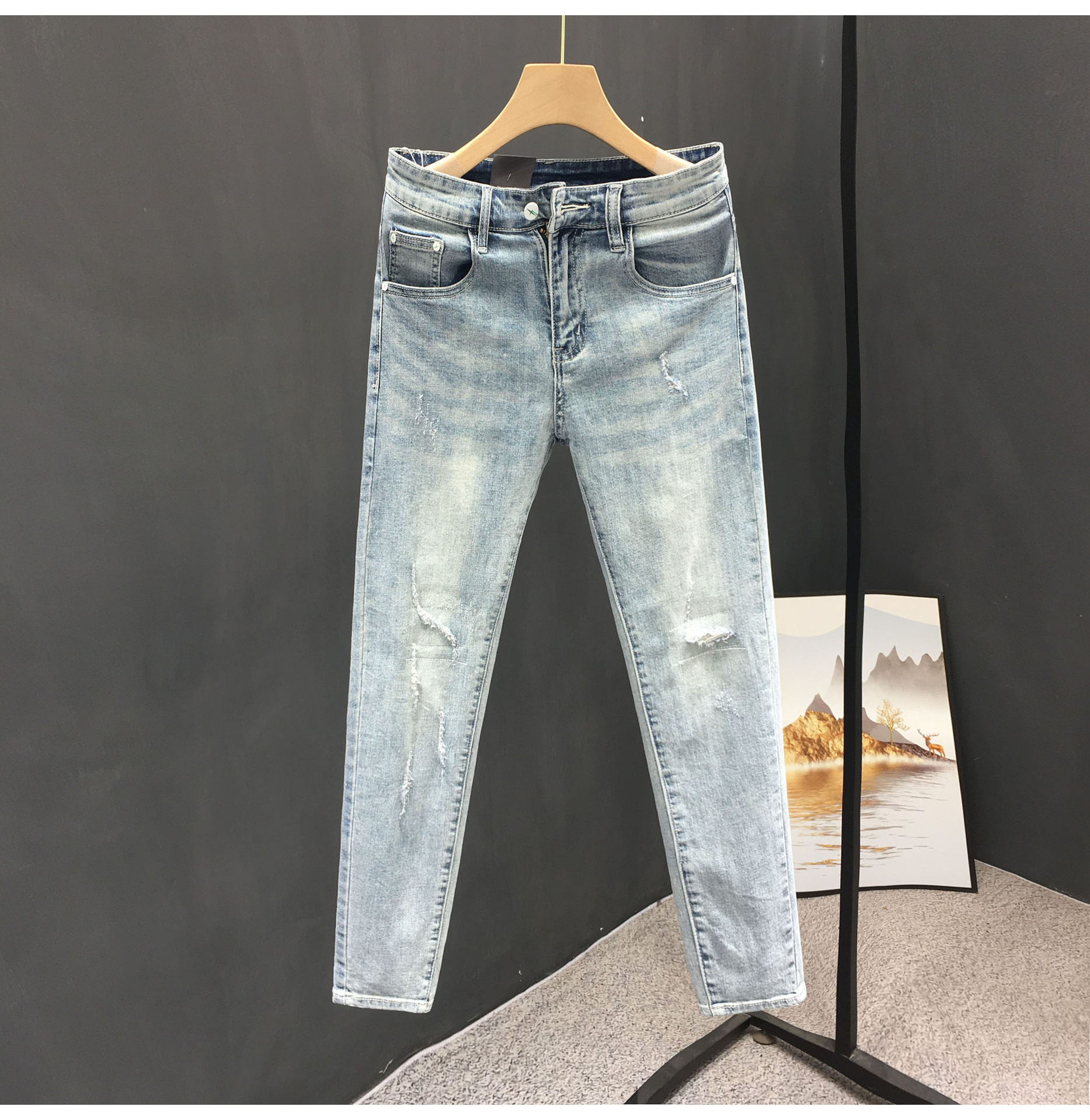 Men's Clothing Summer heavy wash retro distressed ripped jeans men's trendy brand handsome scraped slim fit skinny nine point pants_voghion.com