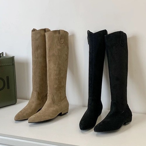 Vintage Rough-Fit V-Mouth Pile Pile Mid-Cheel Women's Boots for Autumn/Winter, Pointed Toe Western Cowboy Long Boots