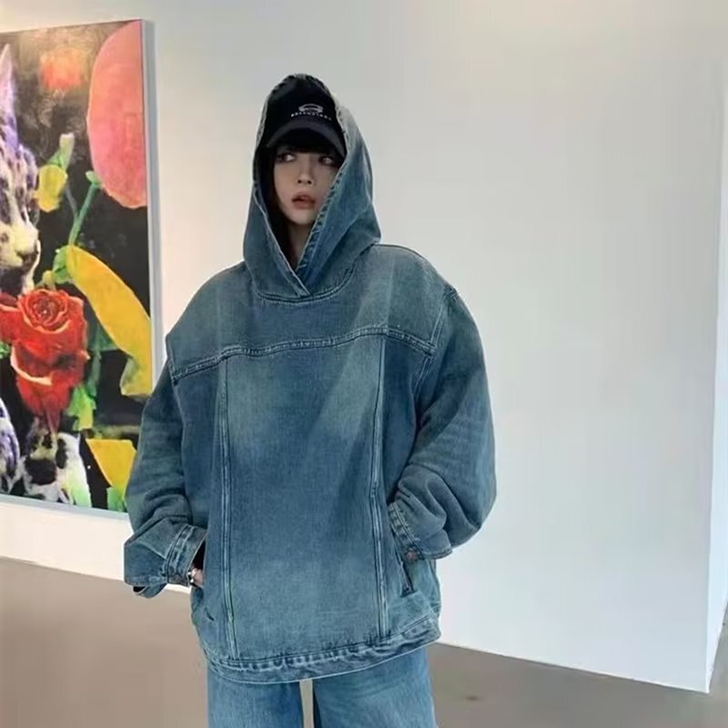 2023 American Retro Couple Hooded Denim Sweatshirt Jacket Unisex bf Loose Casual Handsome Jacket Outer