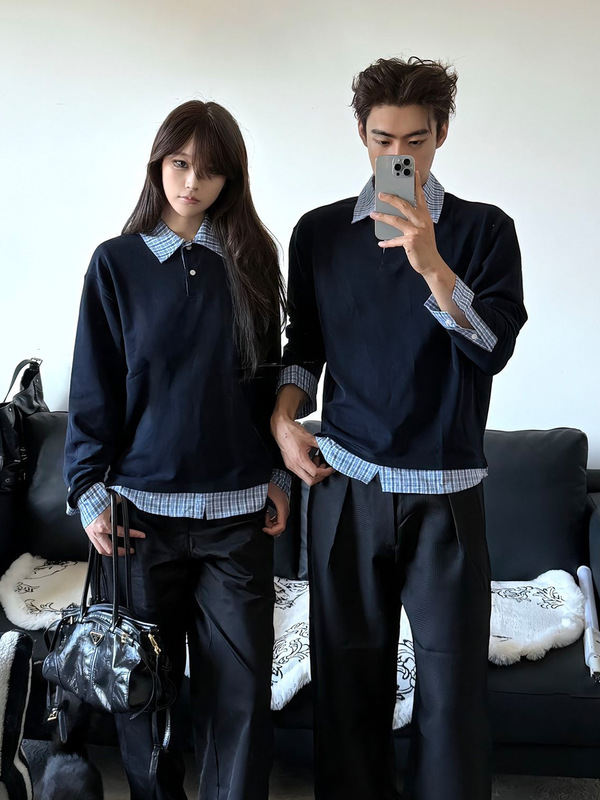 藏青色假两件POLO衫卫衣男女款秋季情侣装打底衫美式复古长袖T恤|undefined