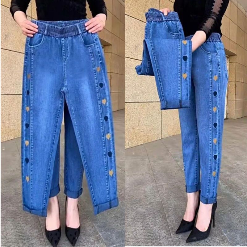 Middle-Aged and Elderly Women's Jeans, Loose High-Waisted Versatile Spring and Summer Thin Trendy Elastic Waist Harem Pants