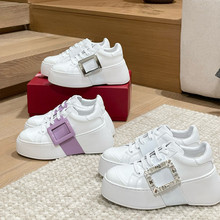 顶版唐嫣明星同款8CM厚底增高方扣钻小白鞋女真皮百搭松糕休闲鞋