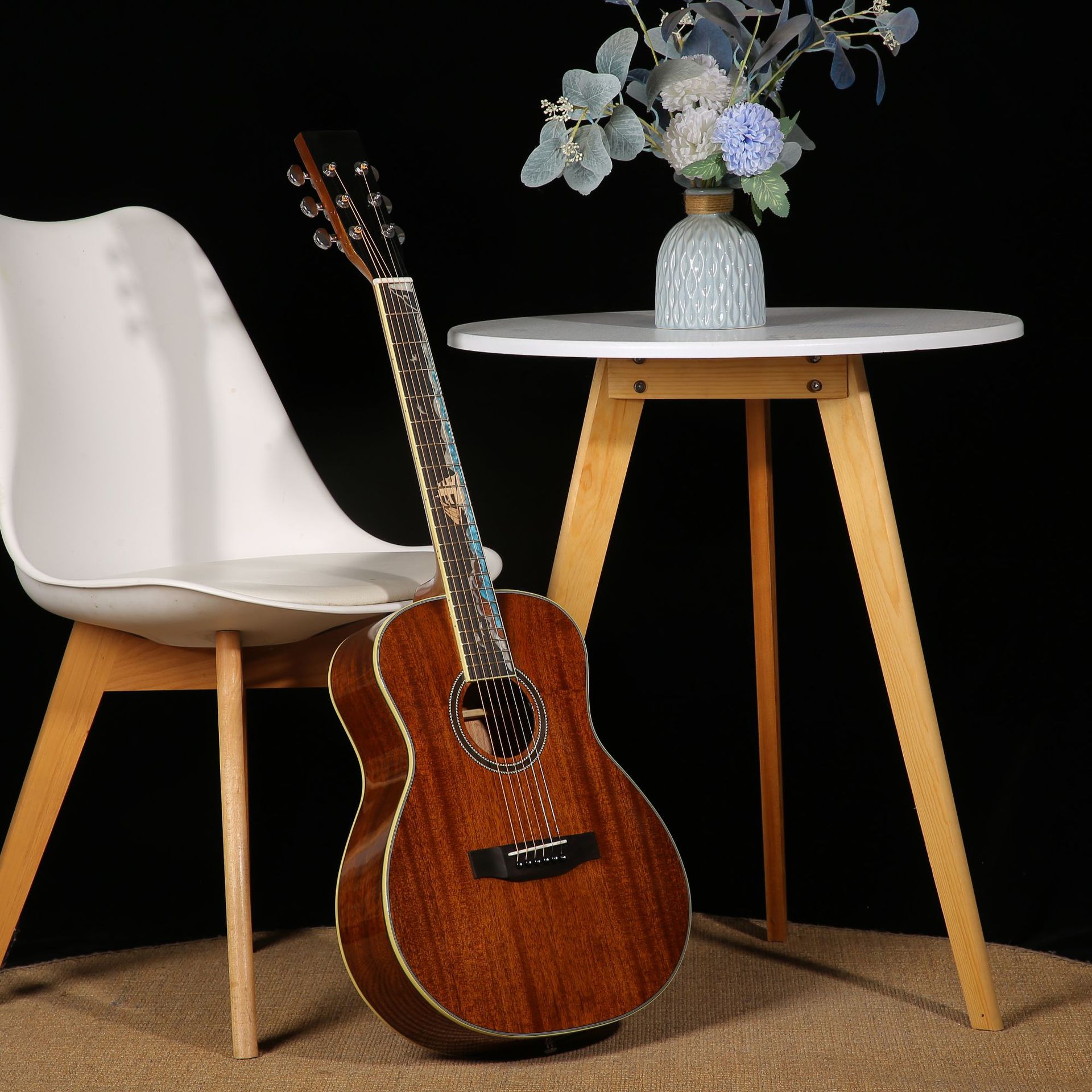 36inch All-Wooden Folk Guitar, Om Barrel-Shaped, Full Solid Wood, Small Size, Spruce, Mahogany, Glossy Finish, Sea Sailboat Style
