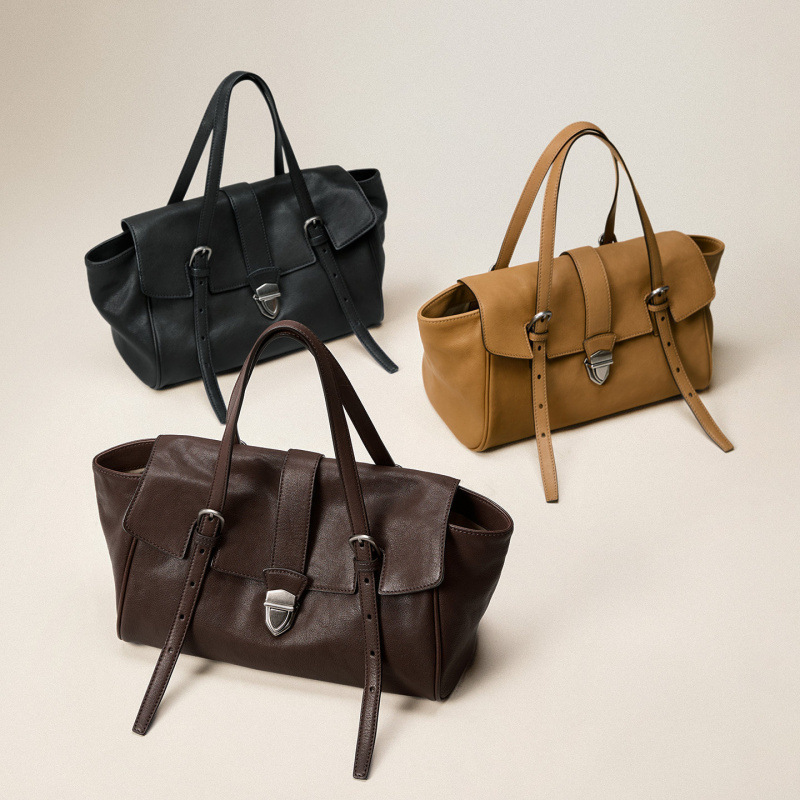 Vegetable-Tanned Sheepskin Baguette Briefcase - Professional Casual Commuter Handbag & Shoulder Bag For Women - Thumbnail 5