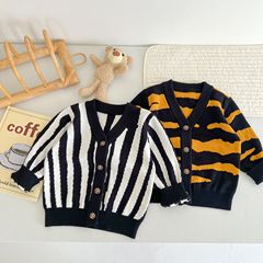 Ins2023 Autumn Men's Baby Infant Knitted Sweater Korean Style Striped Cardigan Zebra Print Cardigan Trendy Baby Sweater