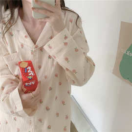 韩国新品长袖长裤睡衣女秋冬季开衫水果家居服两件套装外贸批发