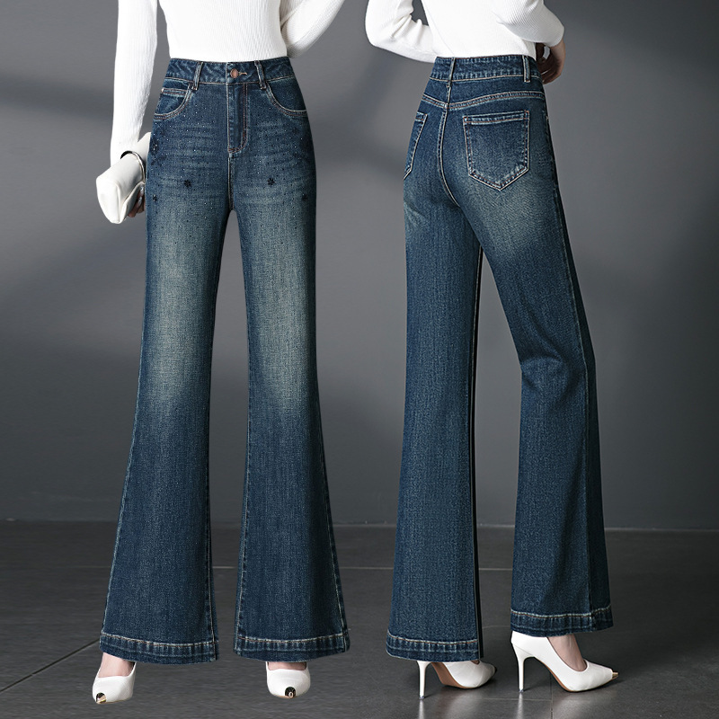 Stylish Jeans with a Nice Fit, Rhinestone Embellished Flared Pants, Spring and Autumn Zhengzhou Women's Pants 2025 New Model Official Flagship Store