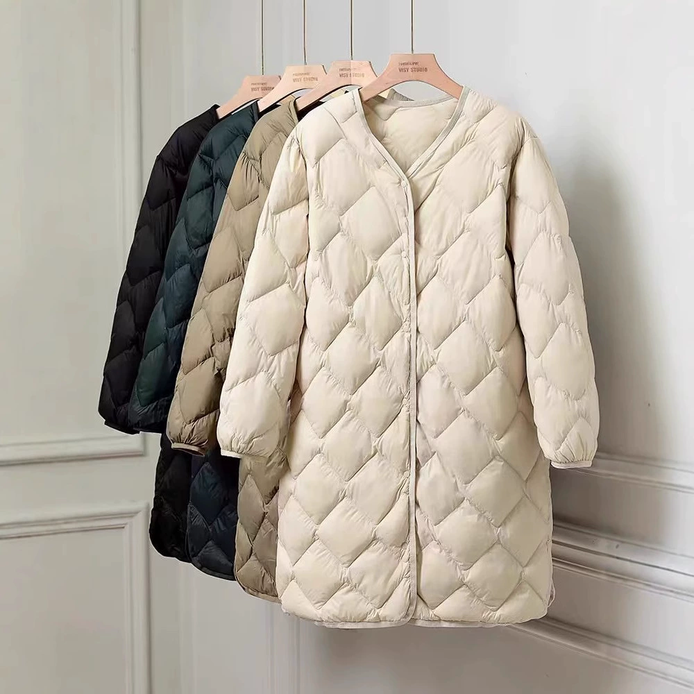 Новый осенне-зимний женский пуховик, легкий, средней длины, с V-образным вырезом и круглым вырезом, на внутренней подкладке из белого утиного пуха, повседневное стеганое теплое пальто.