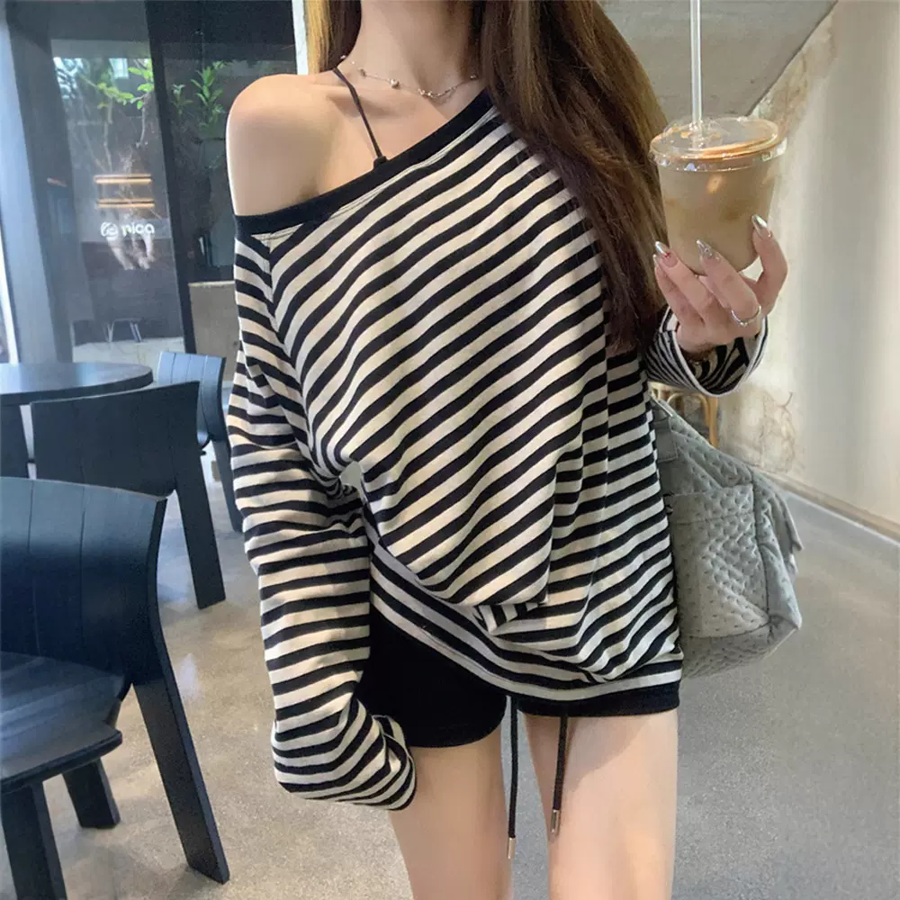 弛性感宽松条纹T恤衫女2025秋韩版慵懒风性感一字领内搭长袖上衣