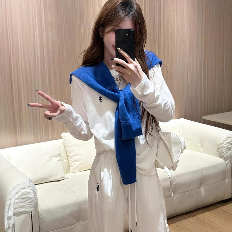 时尚休闲运动套装女春季新款宽松慵懒白色长袖T恤直筒披肩三件套|undefined