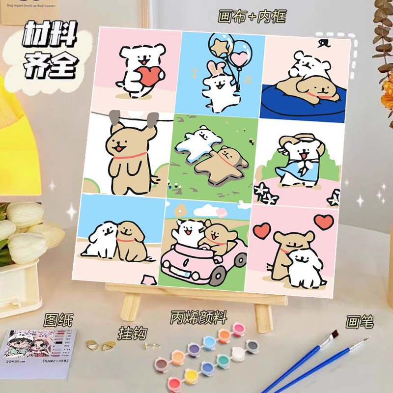 Pintura al óleo digital de bricolaje, dibujos animados para niños, pinturas para colorear hechas a mano, lindos puestos de animación curativos, comercio exterior transfronterizo