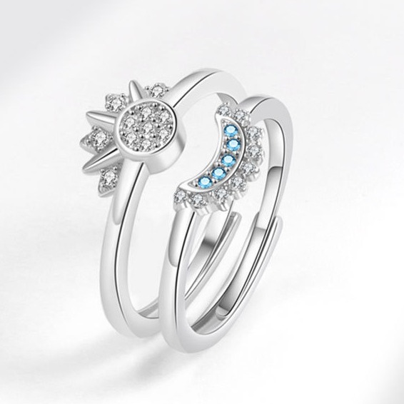 Anello aperto da donna impilabile con sole e luna tempestato di diamanti, in stile europeo-americano, dal design semplice e luminoso._voghion.com