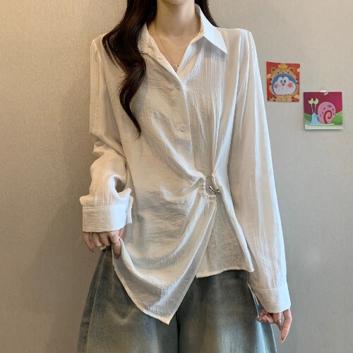 高级感法式不规则长袖衬衫女早秋2025新款大码胖MM收腰衬衣上衣|undefined