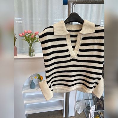 大连姝媛工厂批发套头马甲 POLO领条纹马甲 现货女|ms