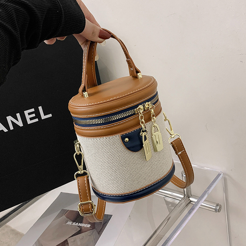 Retro Bucket Bag for Women 2023 New Hand-held Fashion Contrast Color Cylinder Bag High-Looking Exquisite Shoulder Crossbody Bag