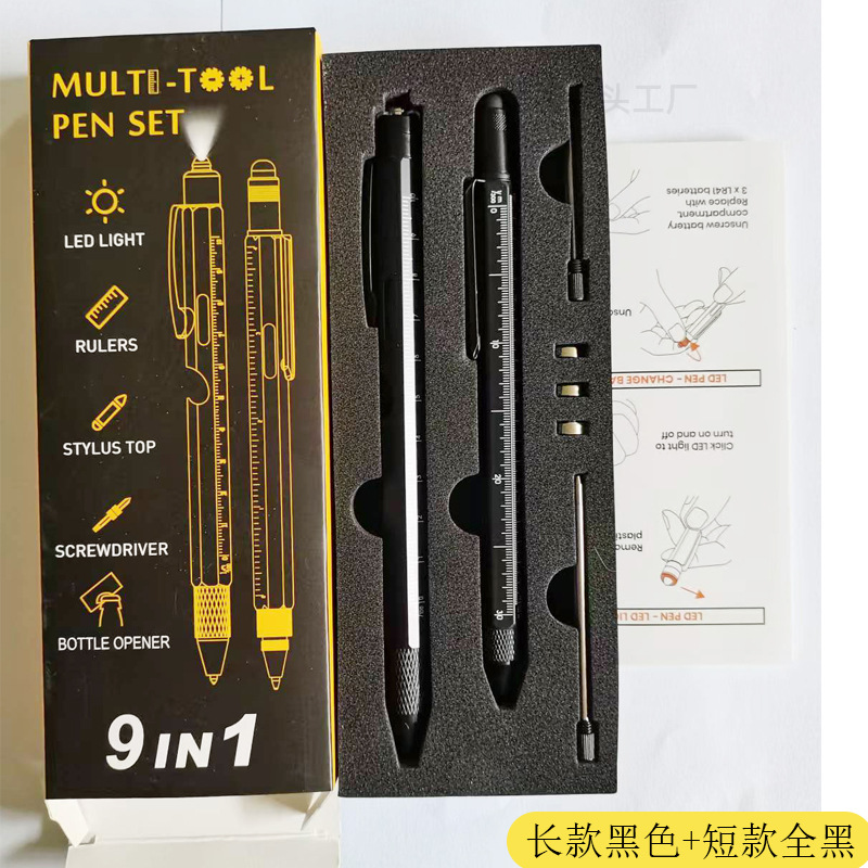 Estuche para bolígrafos con abridor de botellas 9 en 1, bolígrafo con luz LED, herramienta multifuncional, bolígrafo de metal 6 en 1, bolígrafo de regalo