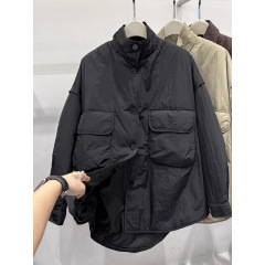 Women's Loose Pocket Cotton Coat 2025 Autumn/Winter New Casual Medium Length Cardigan Collar Cotton Jacket Outerwear