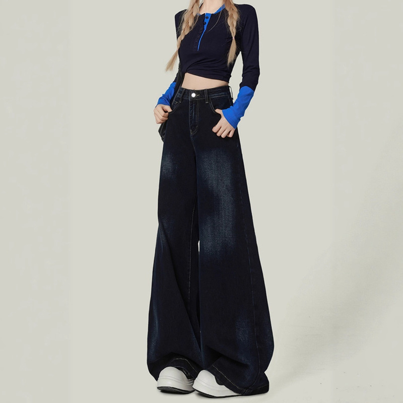 High-Waisted, Extra-Long, Blue-Gray High-Street Wide-Leg Jeans for Tall Women, Fall/Winter, with a Draped Straight Cut and Floor-Length Design High-Waisted, Extra-Long, Blue-Gray High-Street Wide-Leg Jeans for Tall Women, Fall/Winter, with a Draped Straight Cut and Floor-Length Design
